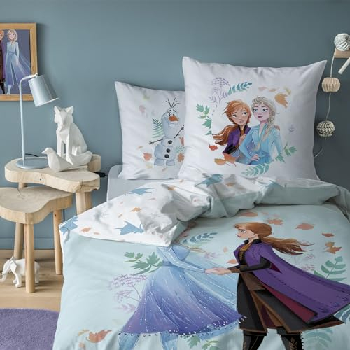 Disney Home Frozen Parure de lit imprimée La Reine des Neiges 2 Sisters | 100% Coton | Oeko-TEX | Housse de Couette 1 Personne Fille 140x200 cm + Taie d'oreiller 63x63 cm | Bleu
