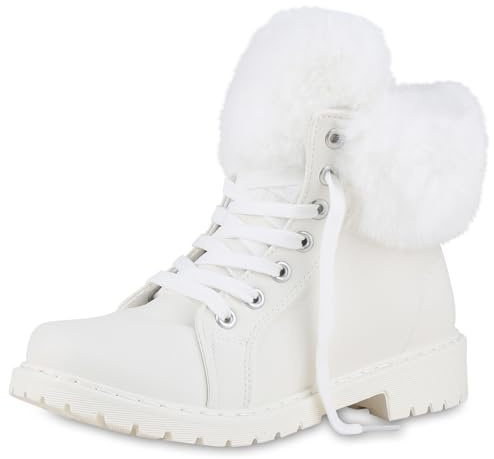 VAN HILL Damen Bikerstiefel Blockabsatz Schnallen Trendy Schuhe 214072 Weiss Robust 36
