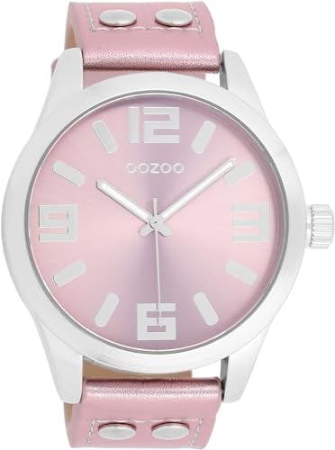 Oozoo - Timepieces Damen Uhr metallic Light pink | Armbanduhr Damen mit Lederarmband | Moderne Uhr für Frauen - Edle Analog Damenuhr in rund C1083 (46mm)