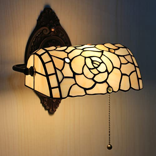 BOTOWI Wandleuchte Vintage Wandleuchte mit Zugkettenschalter Verstellbarer Lampenschirm aus Buntglas Tiffany-Wandlampe Leselampe Wandhalterung Wandleuchte Beleuchtungsdekor,Beige Rose