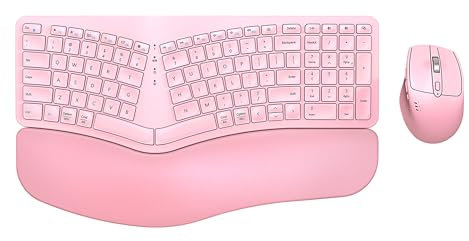 Ergonomic Wireless Keyboard Mouse Combo, EDJO Bluetooth/2.4G Dual Channel, Split Design, Soft Foam Palm Rest, 4 Level DPI Adjustable Wireless Mouse, Rechargeable, for Windows/Mac/Android(Pink)