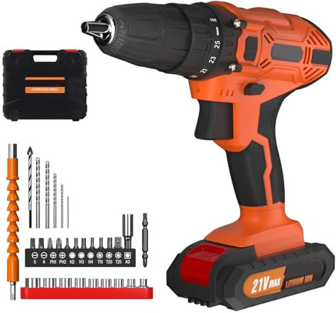 Akku-Schlagbohrschrauber mit 1,5AH Li-Ion Akku, 2 Geschwindigkeiten 0-1400RPM, 45Nm 25+1 Drehmoment, biegsamer Schaft, inkl. 29Pcs Zubehör und Koffer, Elektro-Schlagbohrmaschine, Orange