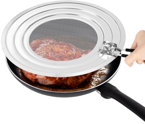 Splatter Screen for Frying Pan, Frying Pan Splatter Guard, Stainless Steel Grease Splatter Guard with Silicone Handle, Stepped Slot Frying Pan Cover Fits 7.8 in & 9.4 in & 11 in Diameter Cookware