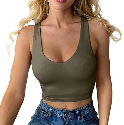 Haibang Crop Tops for Women Sexy V Neck Double Lined Tank Top Sleeveless Racer Back Vest Tops Seamless Slim Fit Sport Yoga top Summer Going Out Tops for Lady Girls Daily Wearing Green