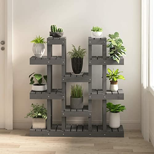 ZEYUAN Pflanzenständer, Blumenständer, Pflanzenregal, Blumenregal, Pflanzentreppe, Blumentreppe, Regal Pflanzen, Grau 104,5x25x109,5 cm Massivholz Kiefer