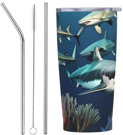 OCELIO Sharks Under The Sea Pattern 20 Oz Straw Mug With Lid Stainless Steel Vacuum Insulated Mug Double Coffee Mug Travel Mug