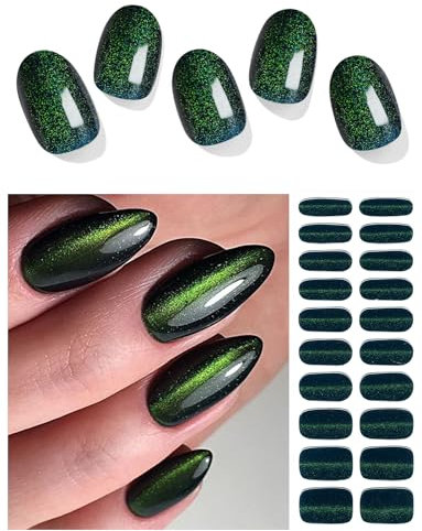 AutyaMee Semi Cured Gel Nail Strips (Black Cat Eye), 20 Pcs Gel Nail Wraps, Stickers, UV Light Required, Salon Quality, Long Lasting