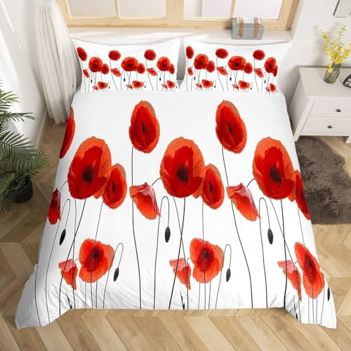 Homemissing King Decoration Poppy Duvet Cover Chic Red Flower Bedding Set Botanical Garden Bedding Duvet Cover Bedroom Decoration
