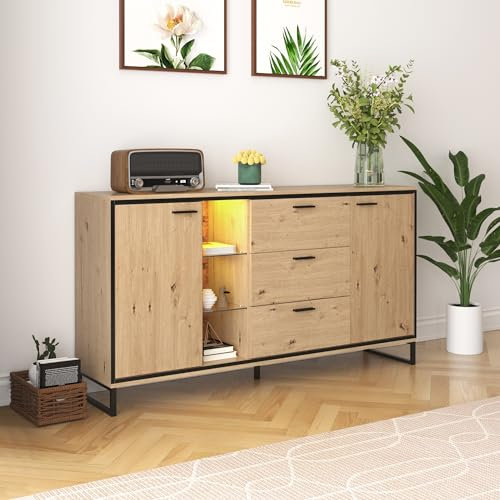 Merax Kommode mit 3 Schubladen, Modernen Sideboard mit 2 Türen und verstellbaren Ablagen, TV-Tisch mit LED-Lichtstreifen, für Esszimmer, Wohnzimmer & Schlafzimmer, 160 x 40 x 85 cm, Holzfarbe