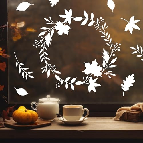 Wandtattoo Loft Fensterbild Herbst Blätterkranz Blätter Herbstlicher Fensteraufkleber Fensterdeko wiederverwendbare Fensteraufkleber Wohnzimmer, 3. A2 Bogen, Weiß
