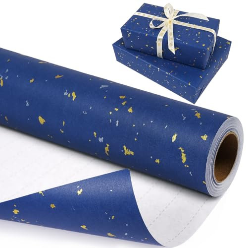 Rouleau de papier cadeau bleu foncé, bleu foncé et doré, 43 cm x 10 m, pour hommes et garçons, avec film doré mat pour Noël, mariage, anniversaire