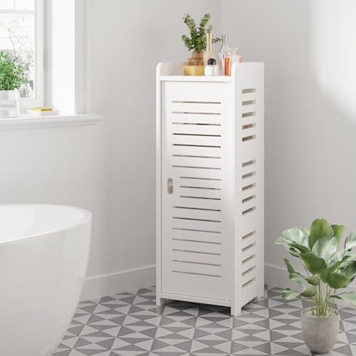 Dripex 4 Tier Bathroom Floor Cabinet, White Storage Cabinet with Door, Narrow Free Standing Cupboards Adjustable Shelves for Bathroom, Bedroom or Balcony (Door Style 2)