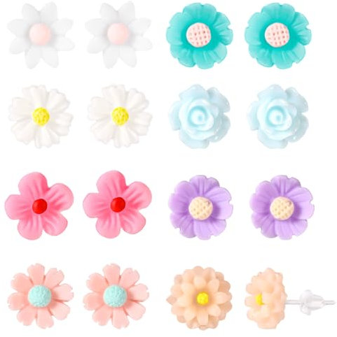 8 Paar Kunststoff Ohrringe, Blumen Ohrstecker Bunt Gänseblümchen Rose Ohrstecker aus Kunststoff für Empfindliche Ohren Damen Schmuck