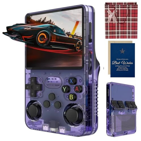 R36s Console de jeu portable rétro avec écran IPS de 3,5 avec batterie TF 3000 mAh de 128 g, plus de 17 000 jeux classiques intégrés pour adultes (violet translucide, 128 g)