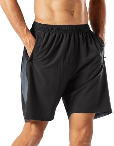 HMIYA Herren Sport Shorts Schnell Trocknend Kurze Hose mit Reißverschlusstasch,Schwarz(Gradient),L