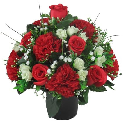 Artificial/Silk Flower Arrangement in grave pot, 26cm with faux red roses and carnations - long lasting grave flower arrangement (Grave Pot)
