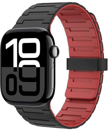 Astorgos Correa Magnética Compatible con Apple Watch Ultra 2/Ultra 49mm,S10 46mm,9/8/7 45mm,SE2/SE/6/5/4 44mm,3/2/1 42mm,Correa de Silicona Ajustable,Pulsera Deportiva, Negro/Rojo