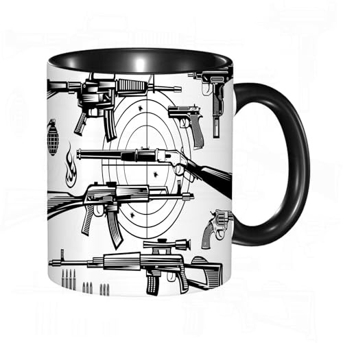 HRRASFAZF Tasse Kaffeetassen,Große 330ml Mit Henkel 100% Handbemalt kaffeebecher porzellan,Waffen Pistole und Revolver,Frauen,Jahrestag,Muttertag
