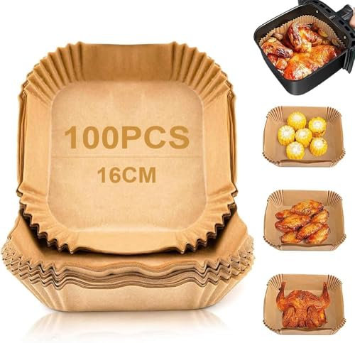 SMART-J Carta Forno Quadrata per Friggitrice ad Aria 16x16x4,5 cm – 100 Pezzi, Usa e Getta, Antiaderente, Resistente all'Olio e all'Acqua, Ideale per Air Fryer, Forno e Cottura (16 x 16 x 4,5 cm)