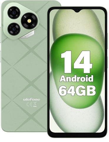 Ulefone Note 19 Téléphone Portable 2025, 6Go + 64Go/TF 512Go Téléphone Portable Pas Cher, Écran 6.56 HD + Android 14, Batterie 5000mAh 8MP+5MP Smartphone Pas Cher, 4G Double SIM/GPS/Face ID-Vert