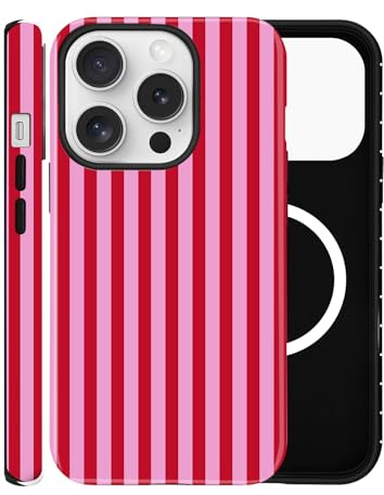ZOEVEES Magnetic Case for iPhone 15 Pro, Compatible with MagSafe, Aesthetic Striped Cute Design for Women, Hybrid 2-Layer Hard Shell Phone Cover, Hot Pink