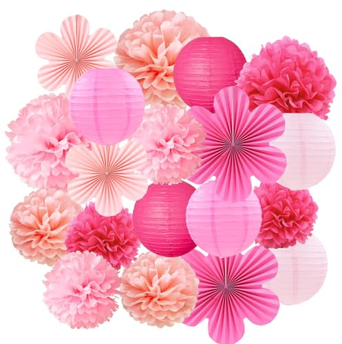 19pcs Rose Pink Paper Party Decorations, Hanging Paper Lanterns Flower Fans Tissue Pom Poms Decoration for Wedding Festival Carnival Birthday Garden Party Decorations