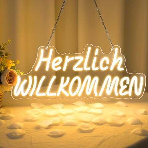 Lxmoneon Herzlich Willkommen Neon Schild,Warmweiß LED Schild für Türfenster | 40x16,5 CM USB Welcome Leuchtschild für Eingang Café Bar Geschäft Hotel Klassenzimmer Geburtstag Hochzeit Party