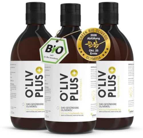 Das Olivenöl mit Gesundheitswert – extra hoher Polyphenol-Gehalt 950 mg/kg – Bio-Qualität – nur 1 Esslöffel/Tag – Oliv PLUS – 1.500 ml – 150 Portionen (1500 ml)