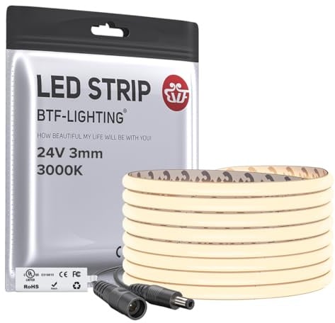 BTF-LIGHTING 3mm Ultra-Schmale FCOB COB LED Streifen Warmweiß 3000K 5M 24V | 400LEDs/m CRI>90 Gleichmäßiges LED-Leiste Für Küche Unterschrank, Schlafzimmer, Schrank, Regal Beleuchtung