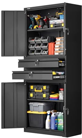 VEVOR Metal Storage Cabinet, 180 lbs Shelf Load Capacity, 70.87 Tall Garage Tool Storage Cabinet with 4 Locking Doors and Adjustable Shelves, 2 Drawers, for Garage, Home, Office, Utility Room, Black