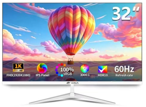CRUA 32 Inch IPS Monitor, FHD 1920x1080 60Hz Computer Monitor, AMD FreeSync, 178° Wide Viewing Angle, VESA 100x100mm Wall Mountable, Tilt Adjustable Home Office PC Screen - White