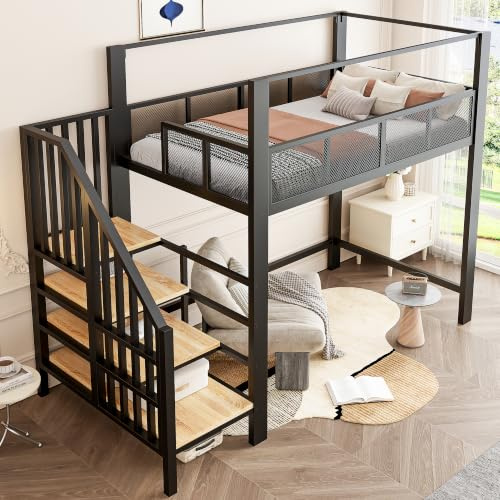 Xwiny Hochbett 90x200 cm mit Treppe Stauraum und Schutzgeländer, Kinderbett mit Netzdesign und Baldachin, Metallbett mit Großer Stauraum unter dem Bett, Einzelbett, Schwarz(Ohne Matratze)