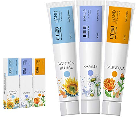 UMIDO 3 Stück Set Hand-Lotion Set 45 ml | 1x Sonnenblume | 1x Kamille | 1x Ringelblume | Handcreme | Pflegecreme | Hand-Pflege | Handcreme Set