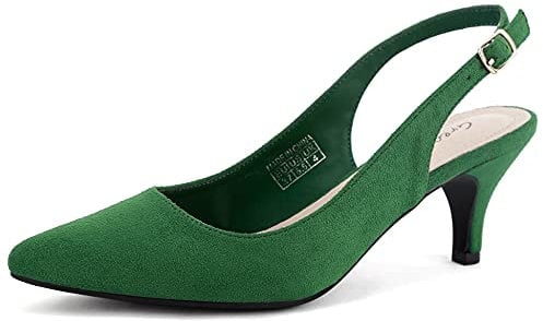 Greatonu Womens Court Shoes Low Kitten Heels Slingback Pointed Toe Dress Pumps Green Size 3 UK