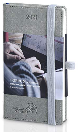 Kalender 2021 Wochenplaner ca. A6 Taschenkalender - Terminkalender 1 Woche 2 Seiten - Terminplaner Hardcover Veganem Leder, Wochenkalender Planer 2021, 9 x 14 cm, Grau
