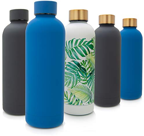 T&N Edelstahl Trinkflasche 500ml – Thermosflasche für Büro – auslaufsichere Wasserflasche für Kohlensäure – Thermoskanne unterwegs – Isolierflasche Tee. Kaffee – Classique Blue