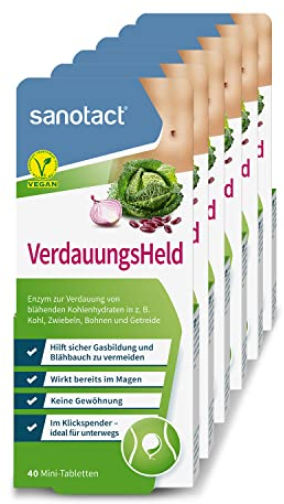 sanotact VerdauungsHeld (6x40 Mini-Tabletten) • Bei Blähbauch, Blähungen, Völlegefühl & Verdauungstabletten im Klickspender für unterwegs • Unterstützung der Verdauung