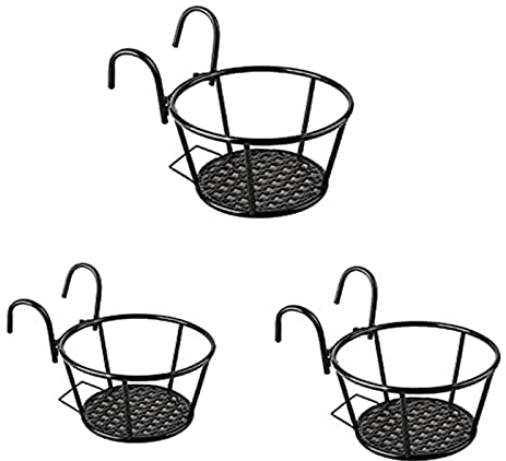 Yeehliny Blumentopfhalter Hohle Blumentopfhalter Pflanzen Blumenregal aus Eisen Hängeländer Pflanzgefäße Topfbügel Runde Pflanzkörbe Blumenständer Regal für Außenzaun Balkon Geländer 3PCS (02#/Black)