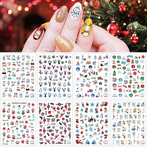 Kalolary 8 Blatt Weihnachten 3D Nail Art Sticker, Nagelsticker Selbstklebend Weihnachtsmann Rentier Schneeflocke Nagelaufkleber Nagel Abziehbilder für Weihnachten Neujahr DIY Nagel Dekorationen