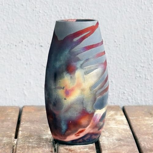 Tsuri Raku Vase aus Keramik – RAAQUU Basics handgefertigte Töpferei Heimdekoration Carbon halb Kupfer matt