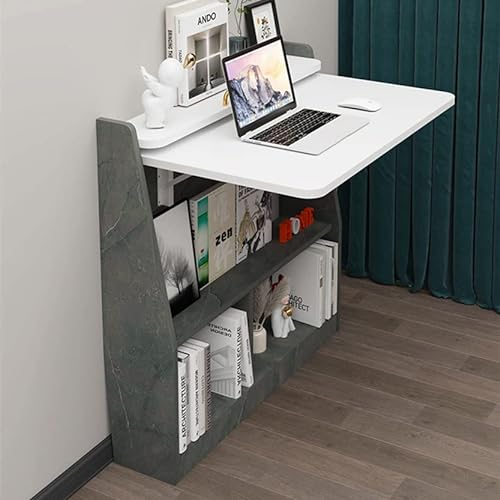Pmnianhua Wall Mounted Drop-leaf Table Shelf, Wooden Laptop Desk, Multifunctional, Foldable Hanging Computer Workstation with Storage Compartments in Home Office for Space Saving (grey-white)