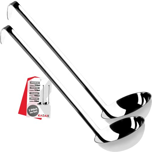 KADAX Suppenkelle aus hochwertigem Edelstahl, Schöpflöffel mit Halter, Soßenlöffel mit langem und ergonomischem Stiel, Schöpfkelle, Gießlöffel, Küchenhelfer, Silber