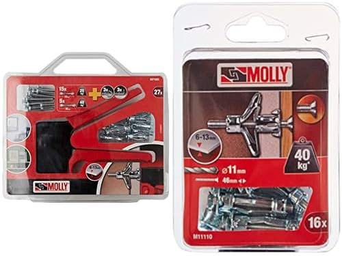 Molly Kit de 20 Chevilles de fixation - 10 Chevilles 4 x 33mm et 10 Chevilles 5 x 36mm + Pince de pose, Gris, Set de 27 pièces & Chevilles métalliques à expansion avec vis M5 Ø11mm, 5 x 36 mm, Gris