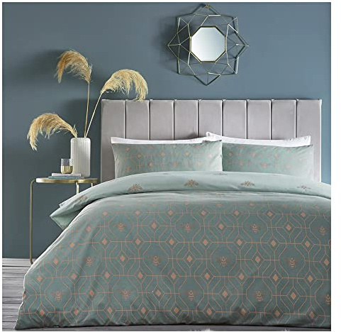 furn. Bee Deco Duvet Cover Set - Honeycomb Geometric Bumble Bee Reversible Bedding (Eau De Nil - Single)