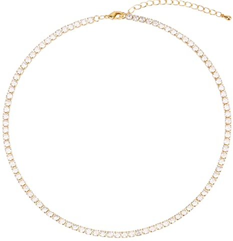 BaubleStar Damen Tennis Choker Halskette mit Weißen Zirkonia, 3 mm Kette in Gold Kristall Geschenk für Frauen Mädchen