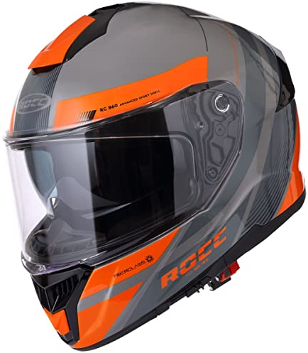 Rocc 862 Integralhelm mit Sonnenblende, Motorradhelm, Roller-Helm Grau / Orange UV-Schutzlack XL