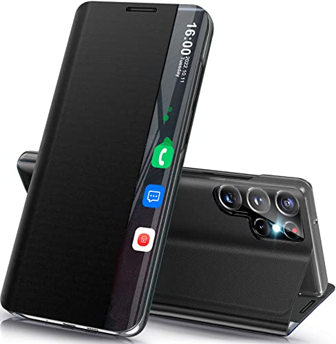 Handyhülle für Samsung Galaxy S22 Ultra Hülle Klappbar, Luxus Dünn Spiegel Flip Leder Hard PC Stoßfest Case Cover für Galaxy S22 Ultra 5G Hülle mit Ständer, Clear View für Samsung S22 Ultra Etui