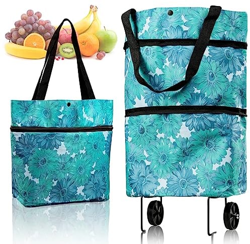 Foldable Shopping Trolley,Trolley Bags Shopping Bag,Reusable Grocery Bags With Wheels,Oxford Cloth Waterproof,Maximum Load-Bearing Capacity 20kg,Blue Flowers,For Shopping Or Travelling