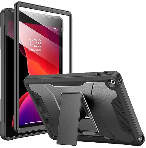 Soke Hülle für iPad 9./8./7. Generation 10,2 Zoll (2021/2020/2019) mit Eingebautem Bildschirmschutz und Ständer, Robuste Ganzkörper-Schutzhülle für Apple iPad 9 8 7 - Schwarz