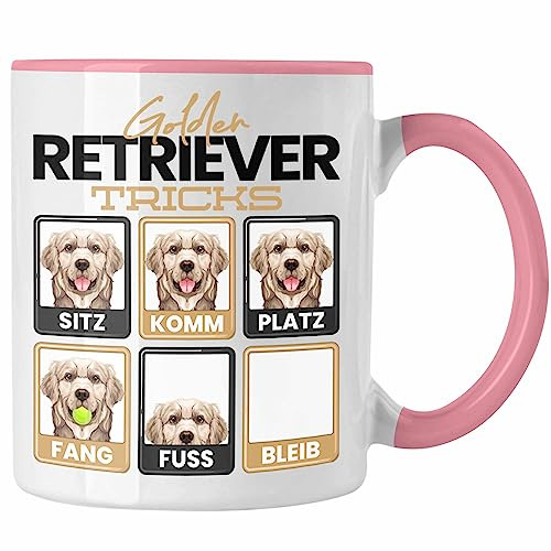 Trendation - Golden Retriever Besitzer Tasse Geschenk Lustiger Spruch Geschenkidee Golden Retriever Tricks Bleib (Rosa)